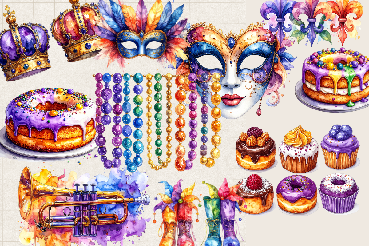 Mardi Gras Carnival – 35 Watercolor Clip Art PNGs