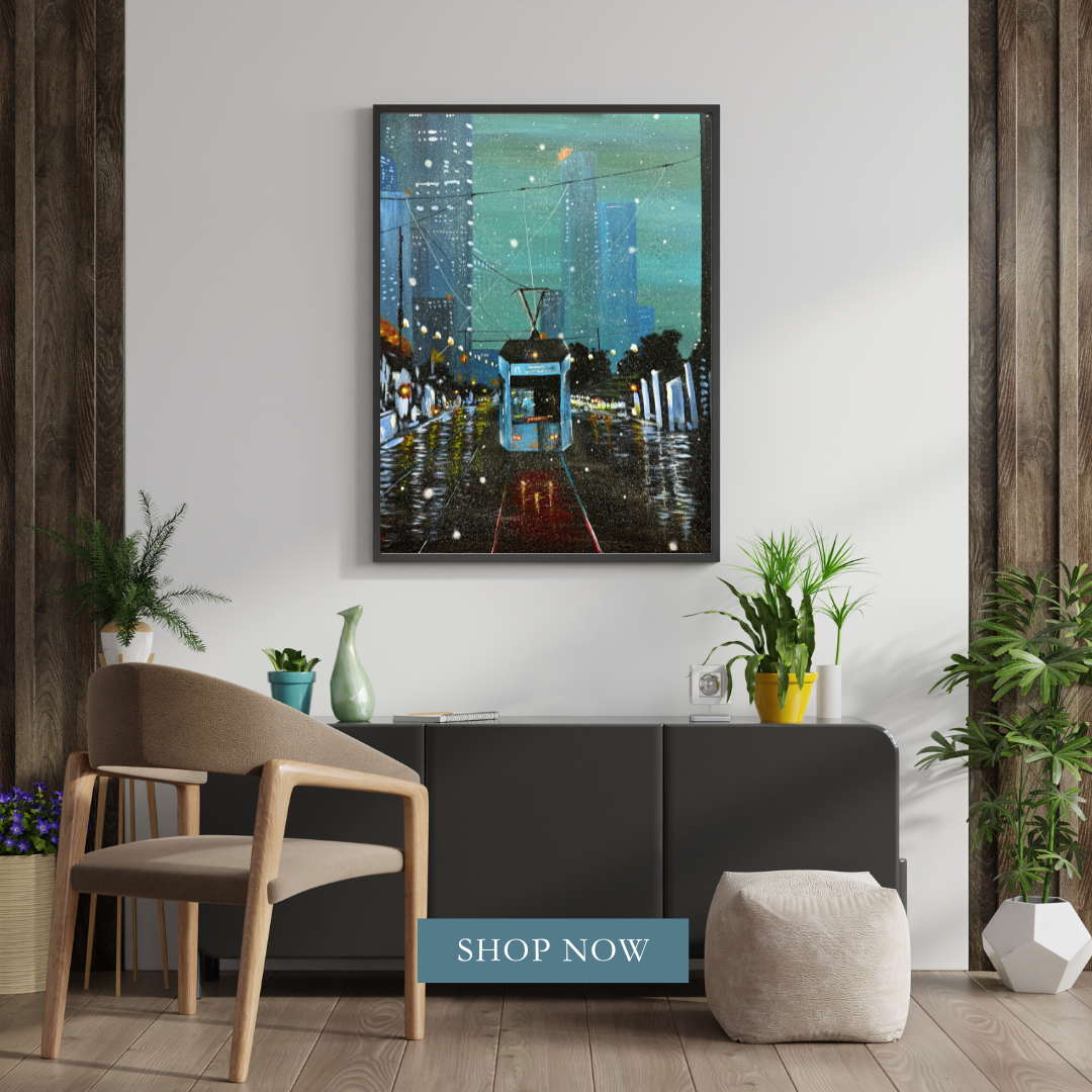 Cityscape Night Tram Painting