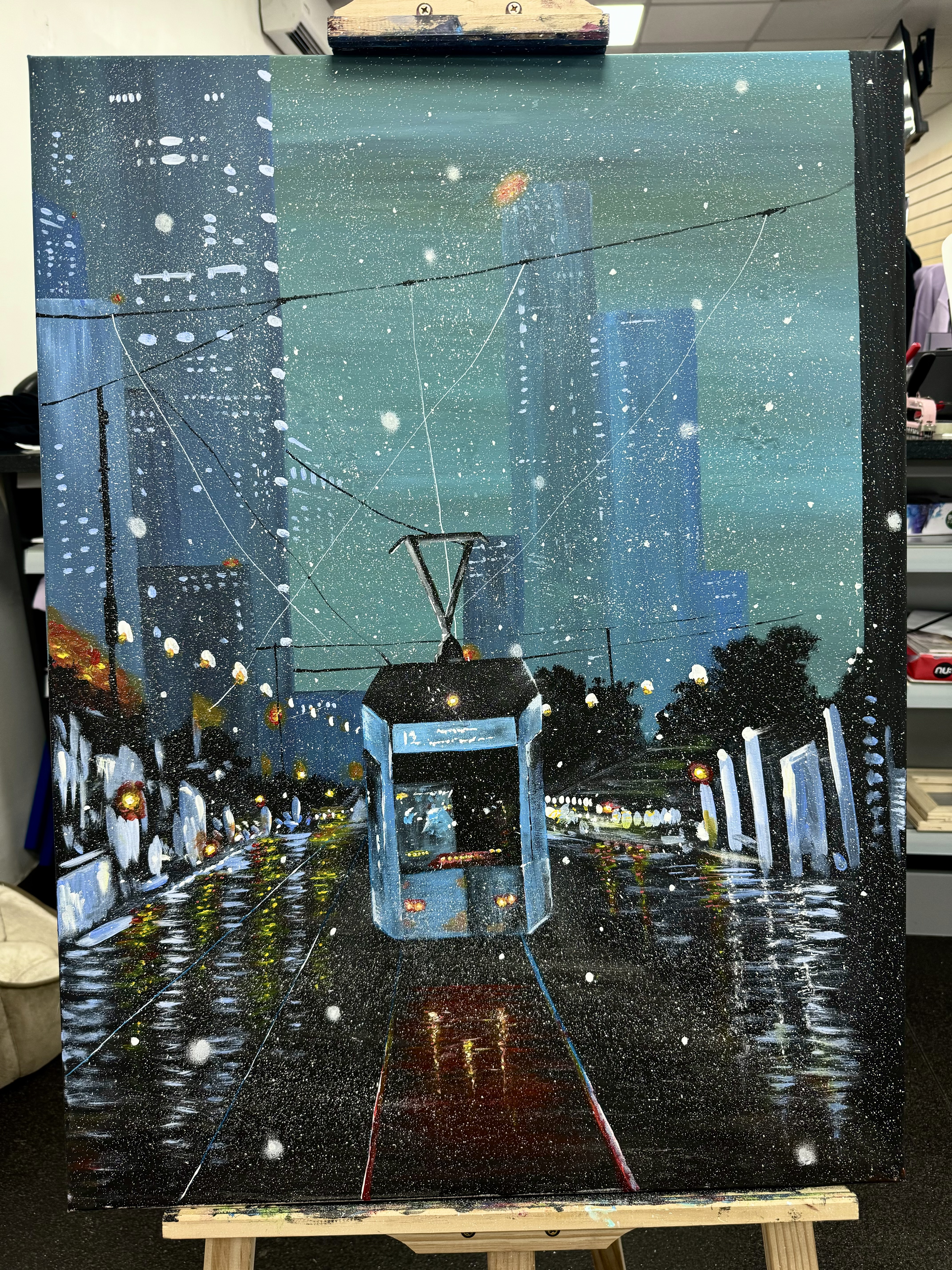 Cityscape Night Tram Painting