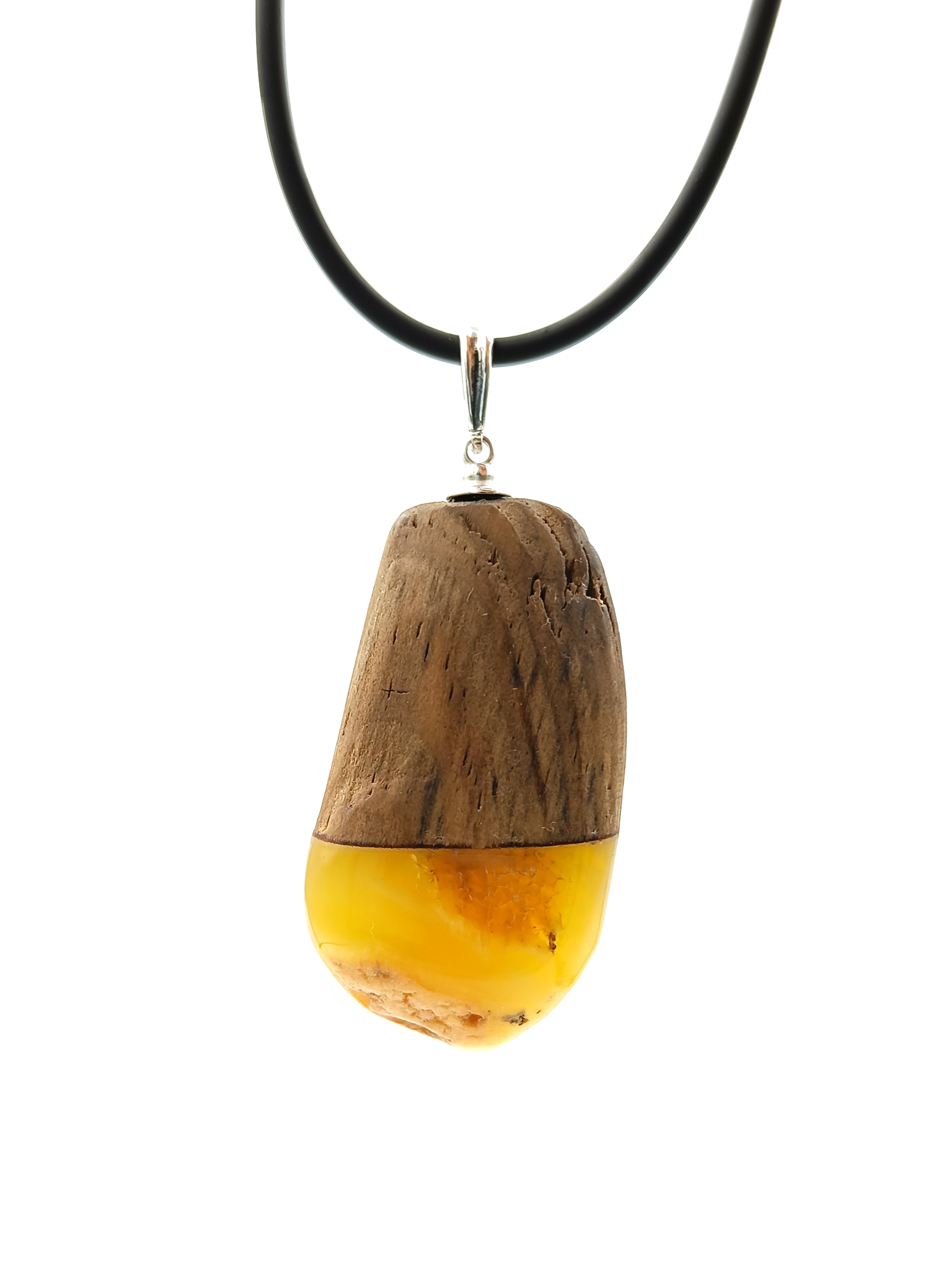 Wisior. Naturalny bursztyn bałtycki, drewno i srebro próby 925. Unikat.