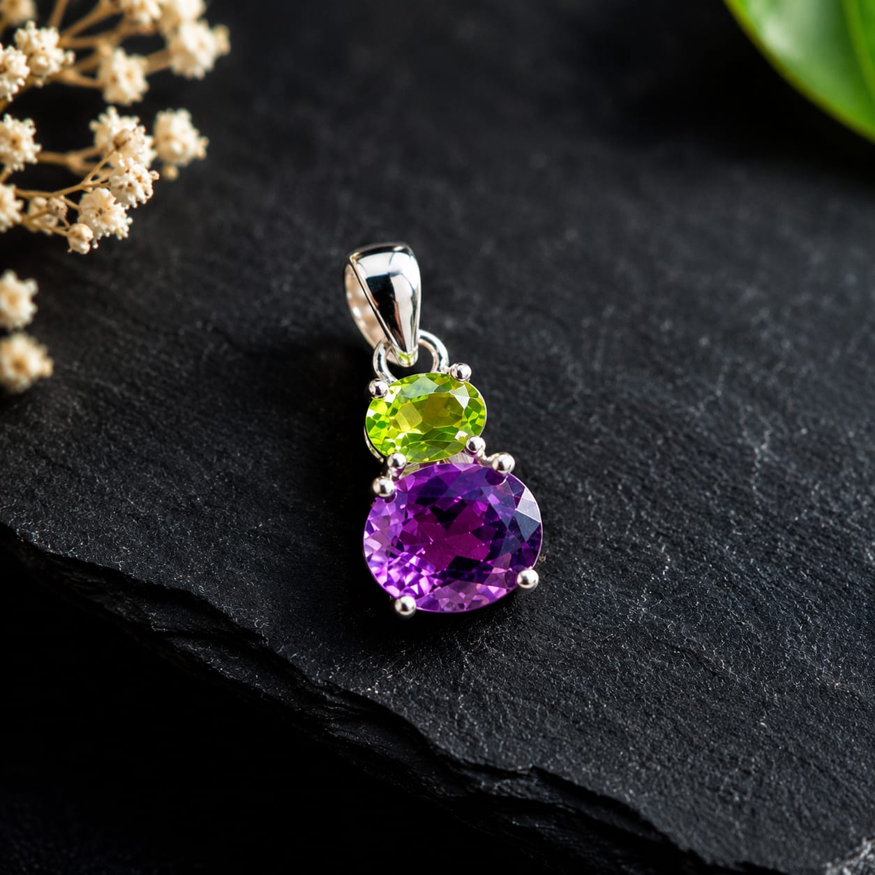 Amethyst and peridot infinity pendant- 925 sterling silver