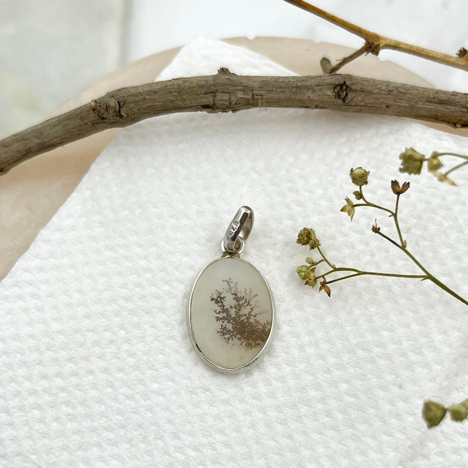 Shazar gemstone (Dendritic agate) Oval 925 silver pendant