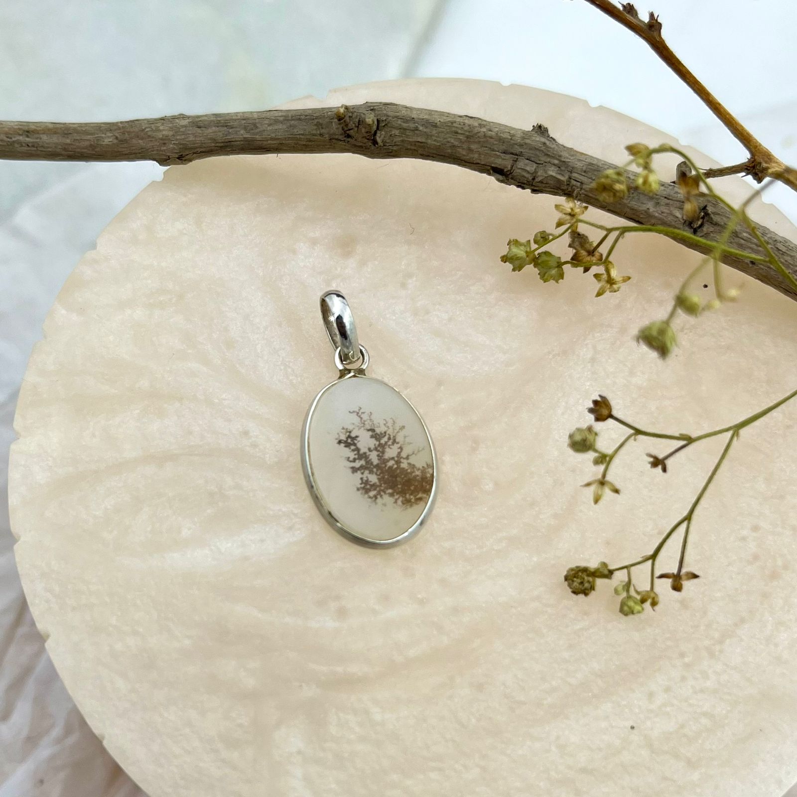 Shazar gemstone (Dendritic agate) Oval 925 silver pendant