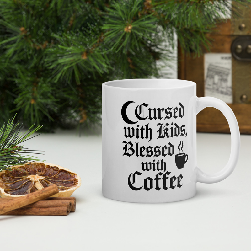 Witchy Mom Mug – “Cursed with Kids, Blessed with Coffee” – Sarcastic Gothic Design with Moon & Steam Accents