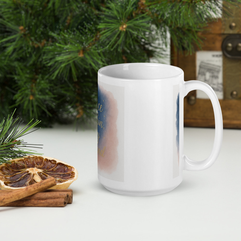 Peace Within, Joy Around Mug – Elegant Gold Script Coffee Cup – Spiritual Holiday Gift with Watercolor Sky Design