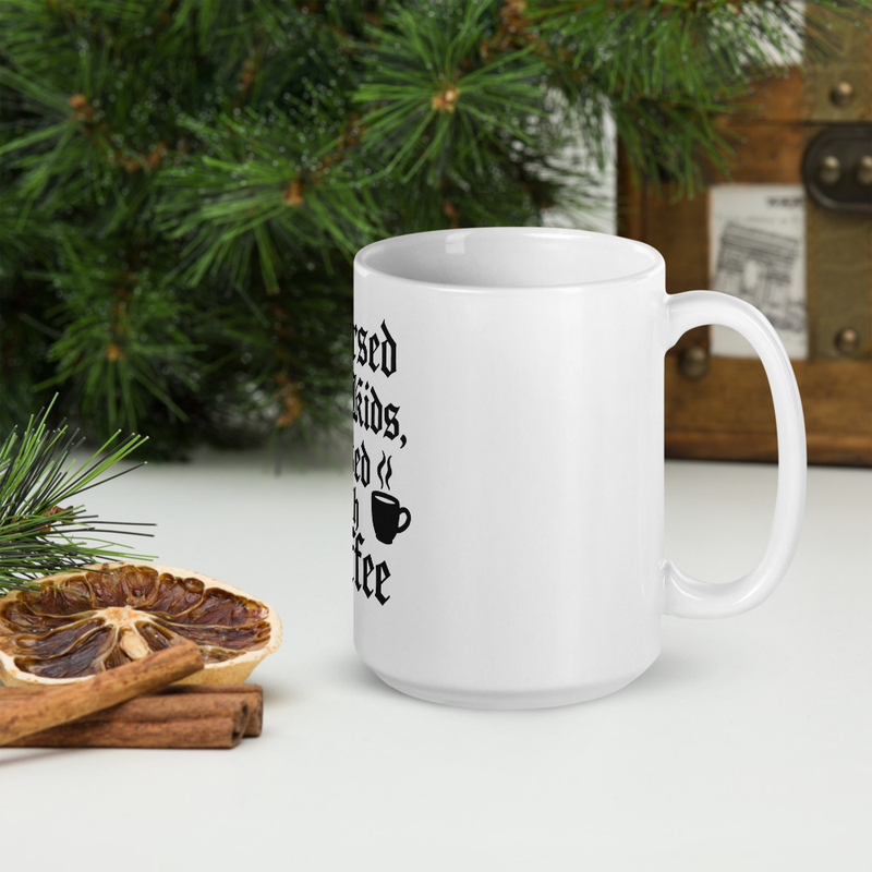 Witchy Mom Mug – “Cursed with Kids, Blessed with Coffee” – Sarcastic Gothic Design with Moon & Steam Accents