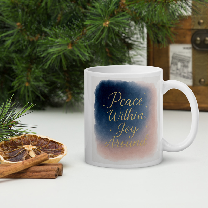 Peace Within, Joy Around Mug – Elegant Gold Script Coffee Cup – Spiritual Holiday Gift with Watercolor Sky Design