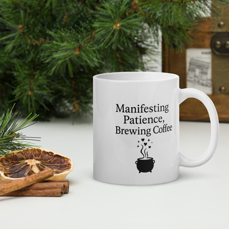Manifestation Coffee Cup – “Manifesting Patience, Brewing Coffee” Modern Typography with Celestial Hearts & Stars