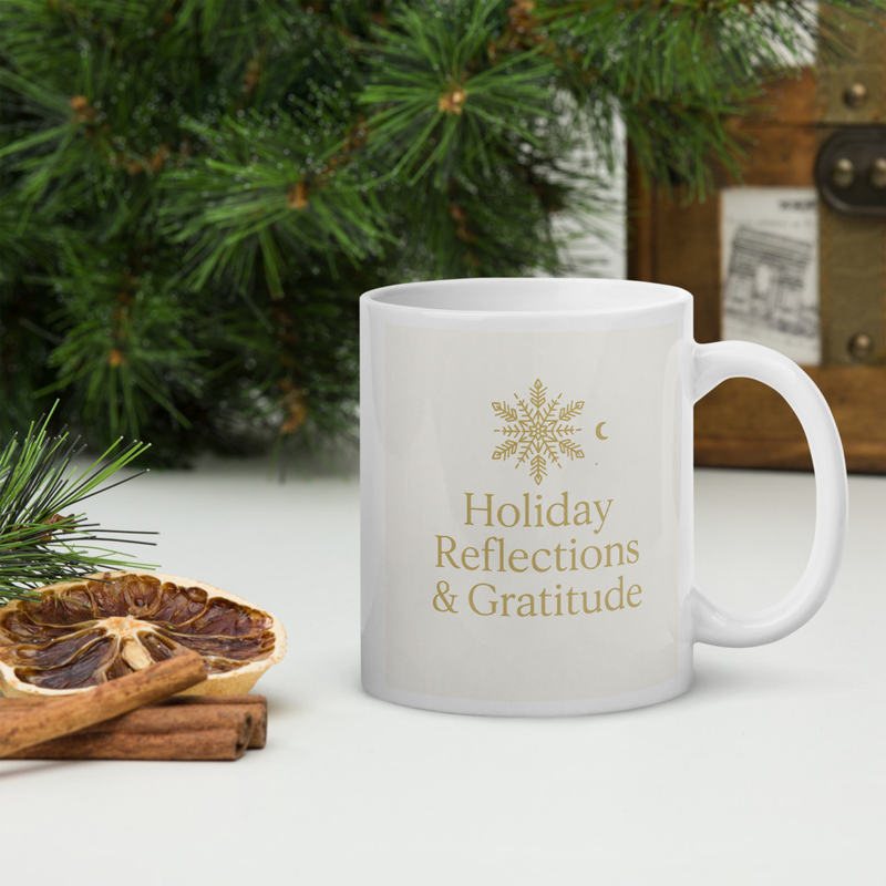 Holiday Reflections & Gratitude Mug – Elegant Spiritual Coffee Cup – Mindful Christmas Gift for Her – Gold Snowflake Mandala Design