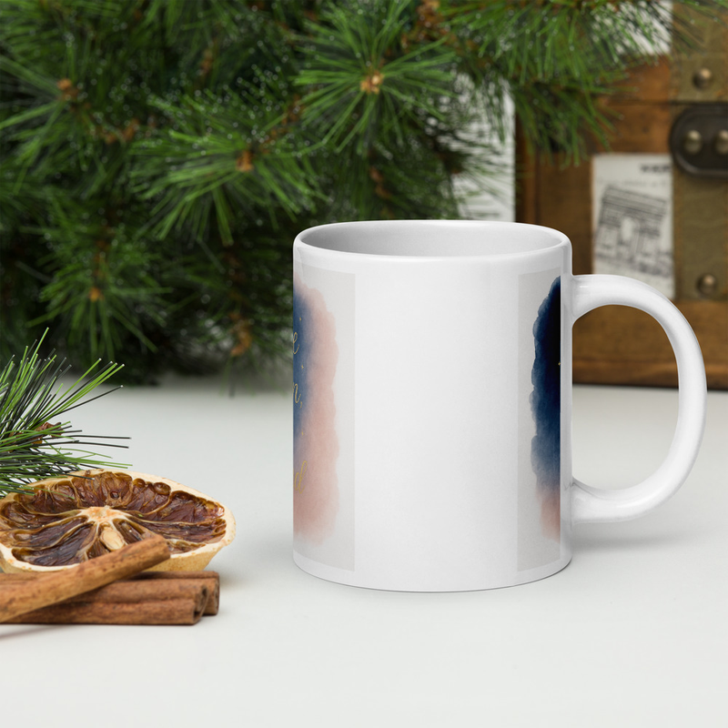 Peace Within, Joy Around Mug – Elegant Gold Script Coffee Cup – Spiritual Holiday Gift with Watercolor Sky Design