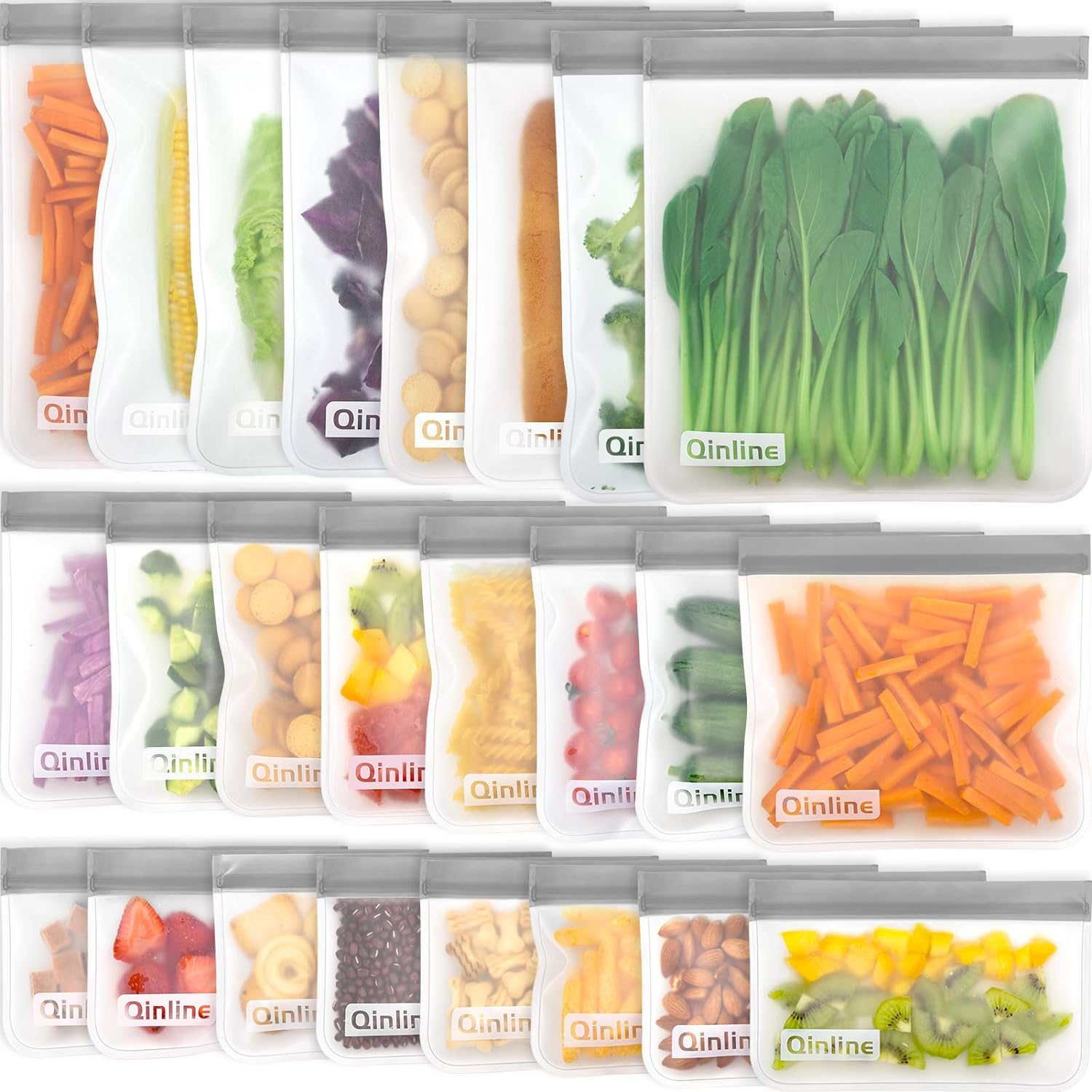Qinline Reusable Silicon Food Storage Bags - 24 Pack