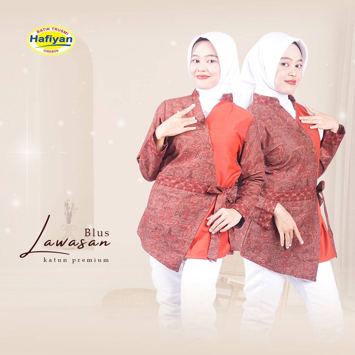 Blus Batik Wanita Kantor Motif Lawasan Kombinasi Polos