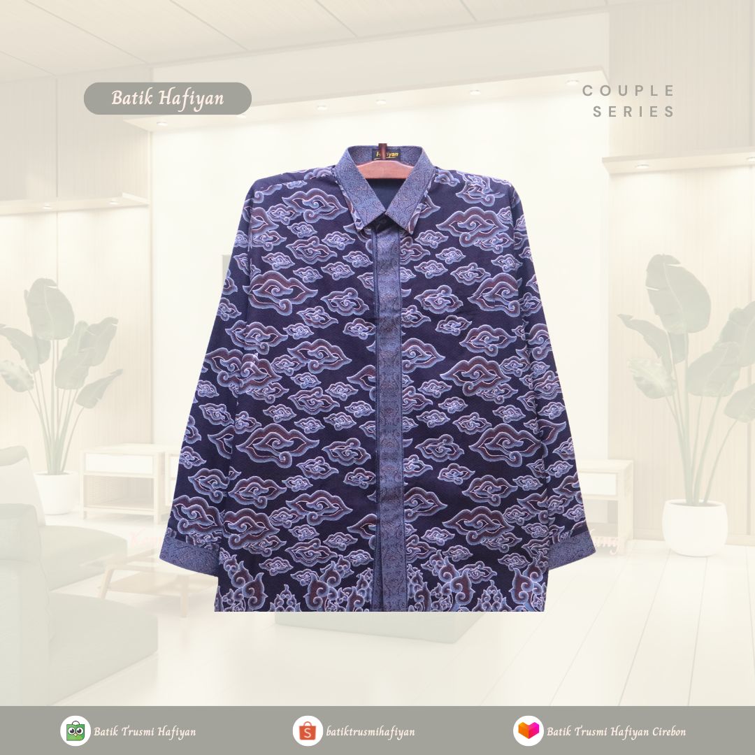 Kemeja Printing Motif Batik Mega Mendung Dasar Hitam