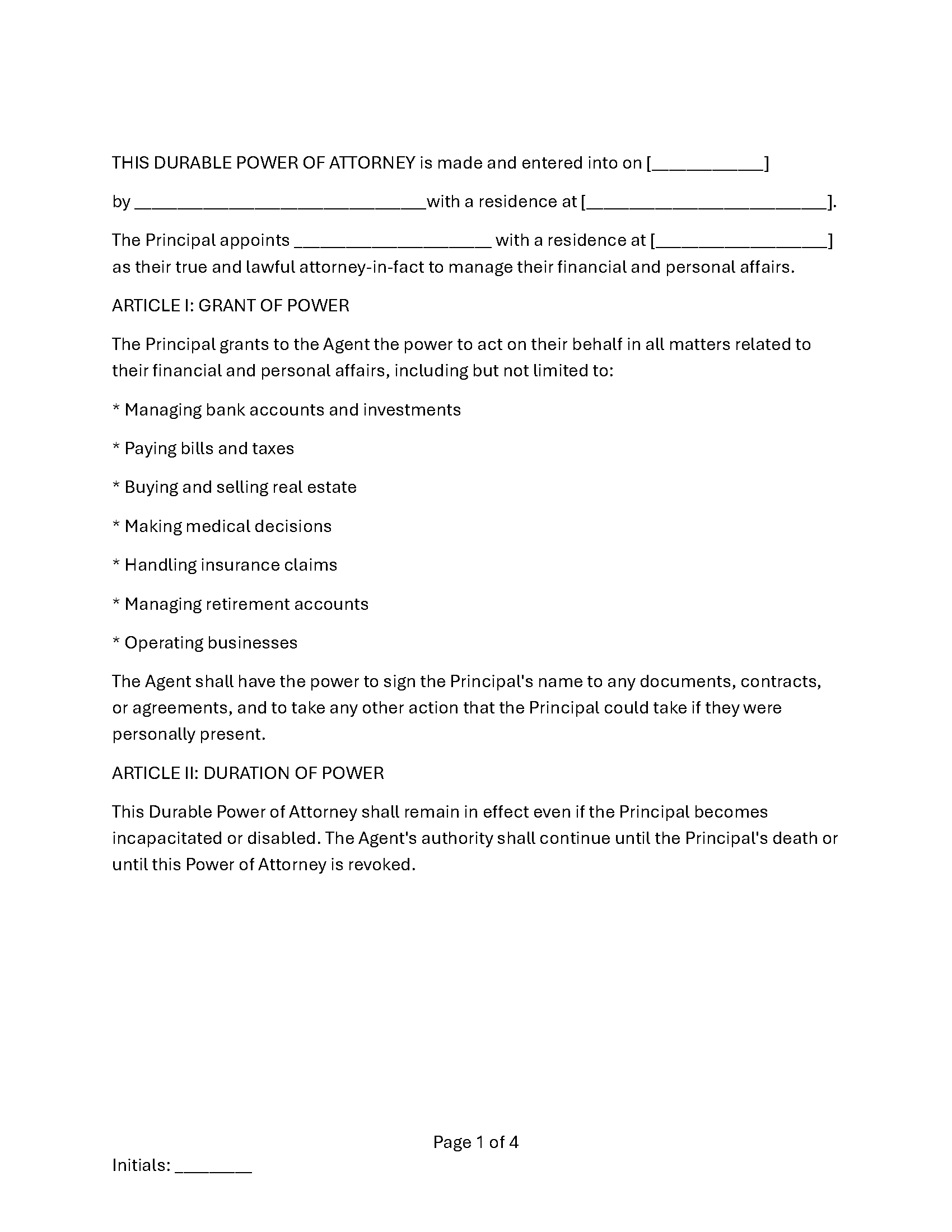 Durable Power of Attorney Document