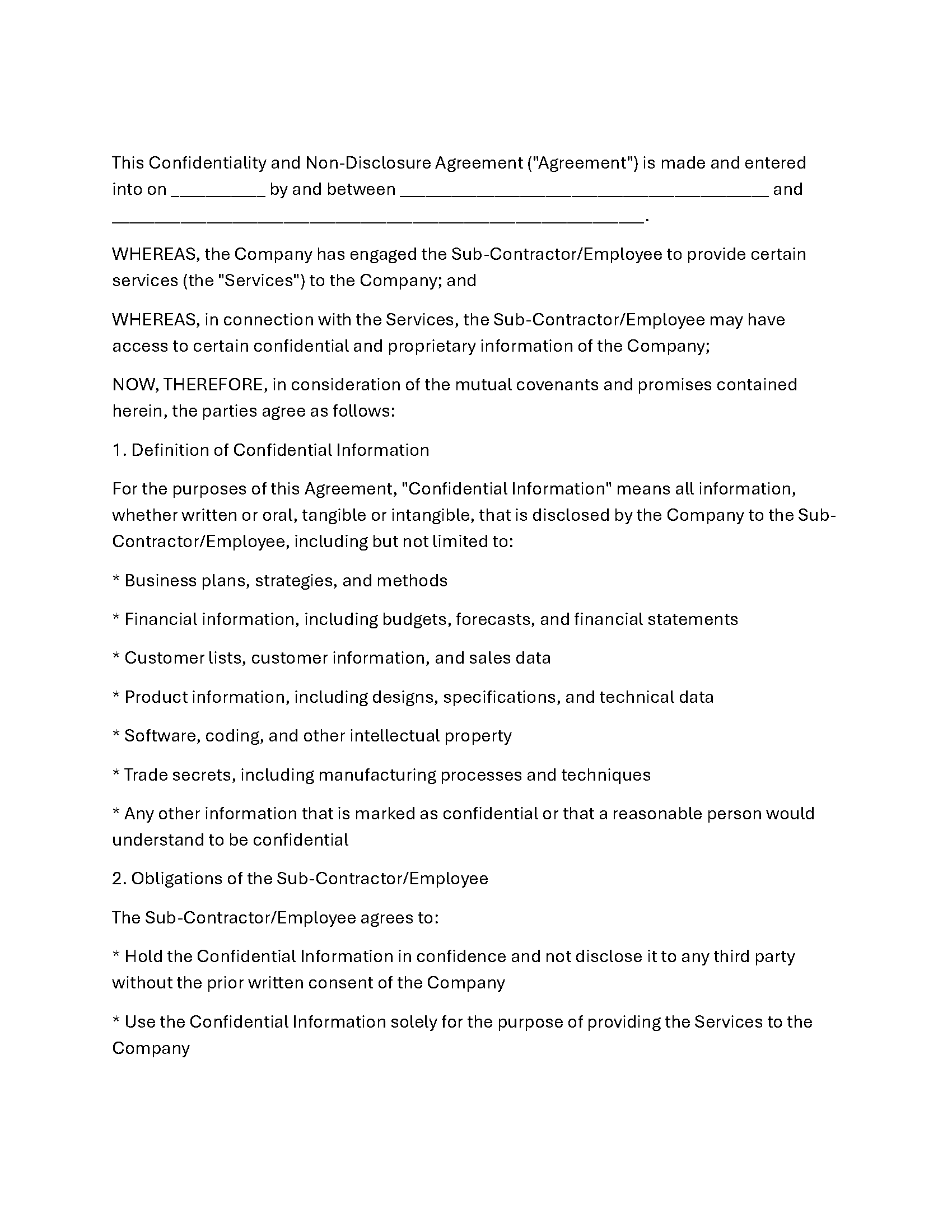 Non-Disclosure and Confidentiality Agreement Form