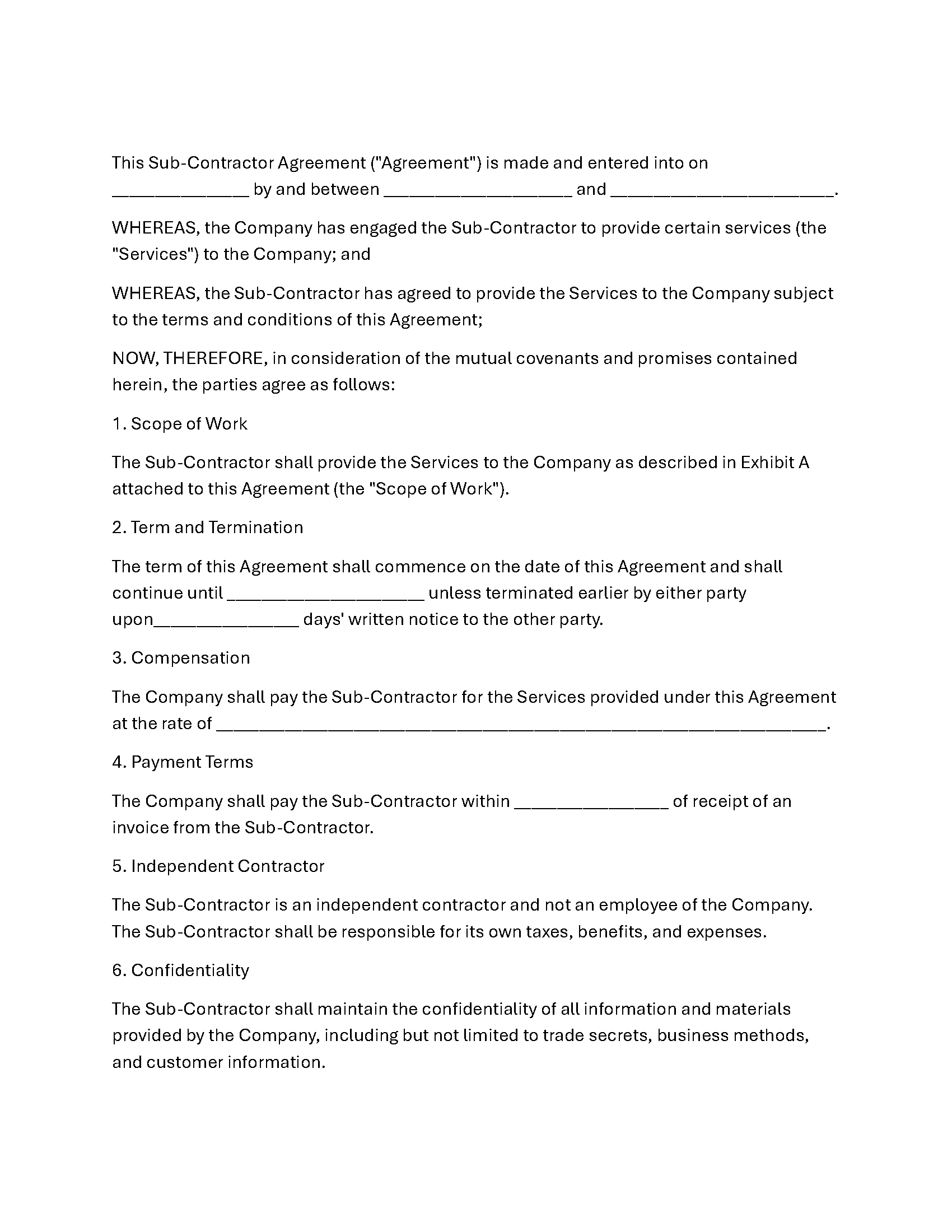 Sub-Contractor Agreement Form