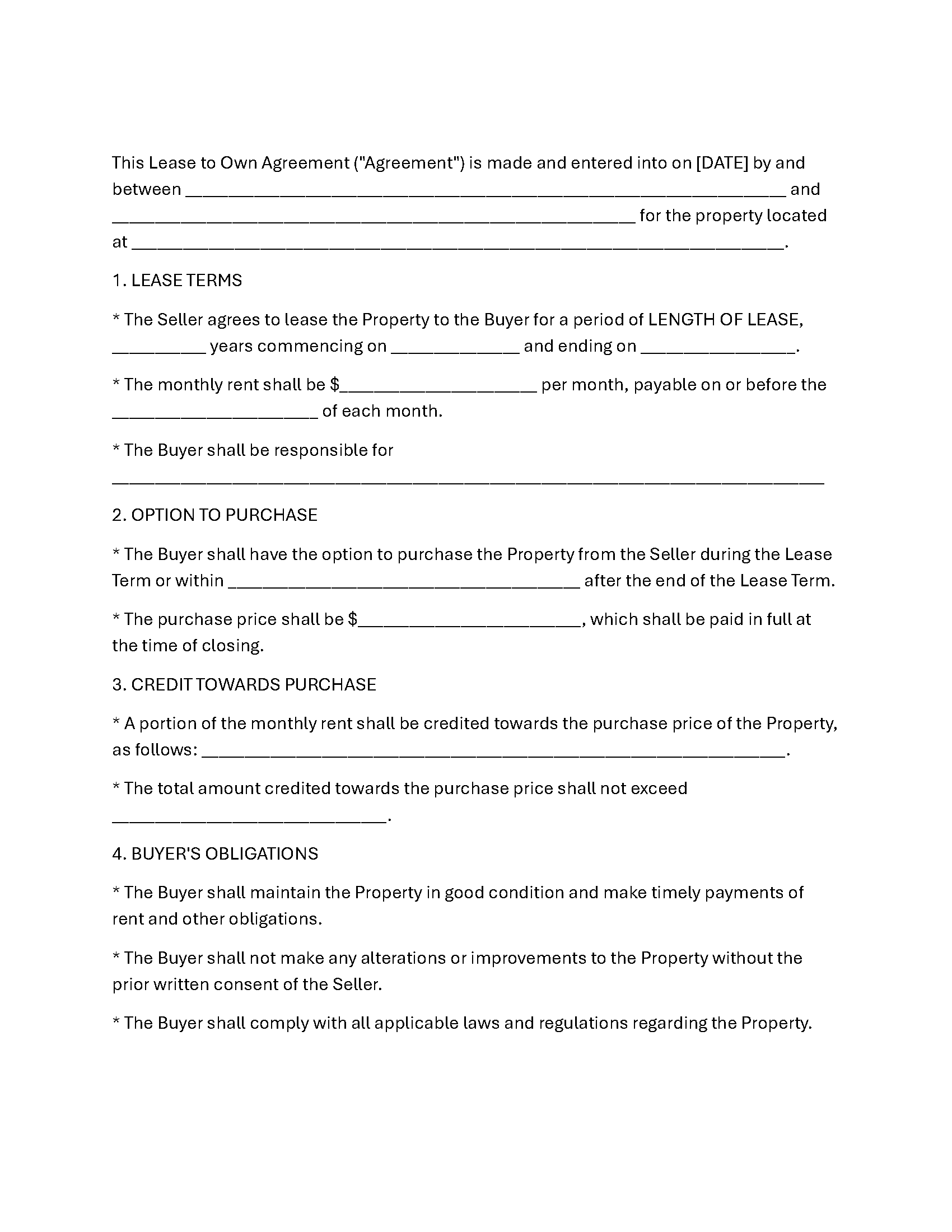 Lease to Own Agreement Form