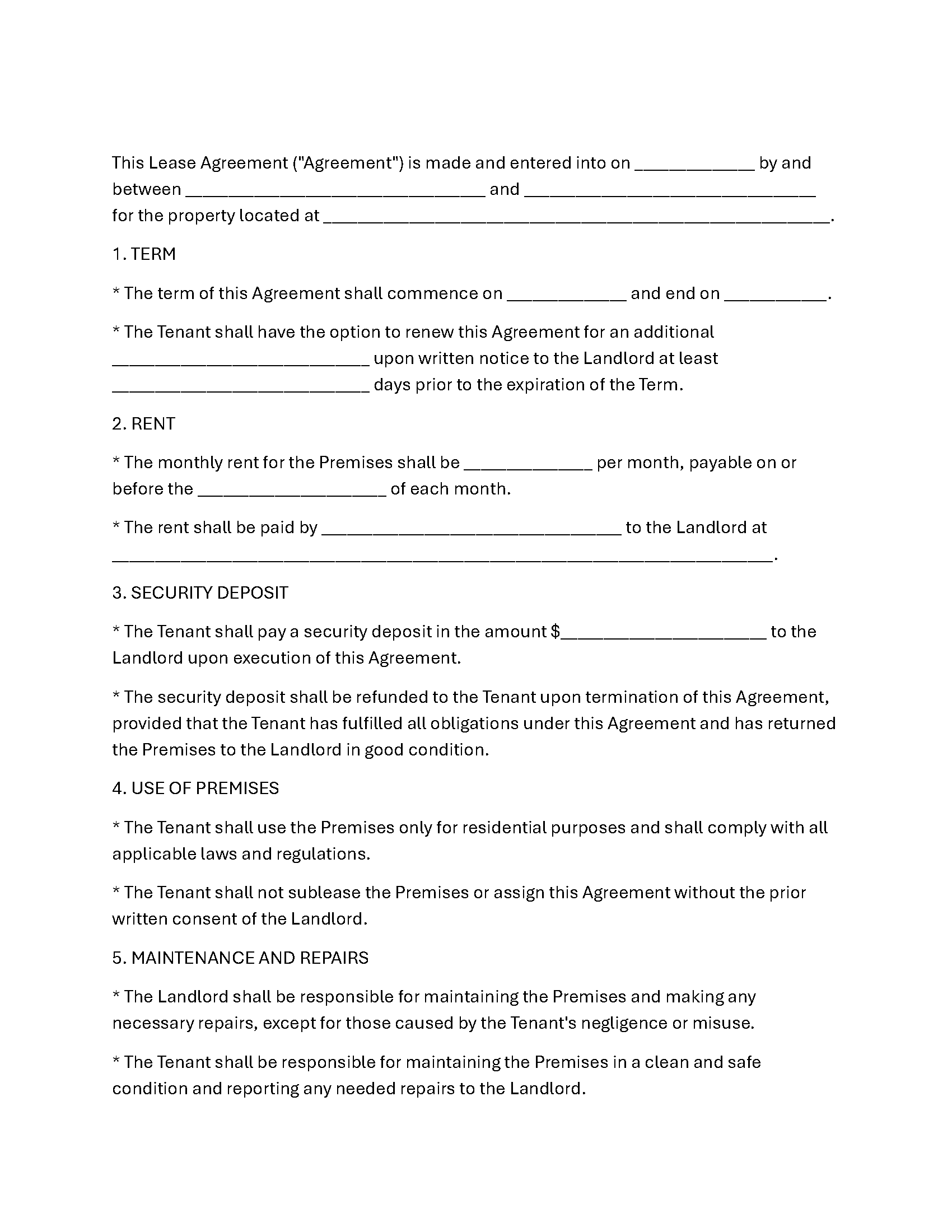 Residential Lease Agreement Form