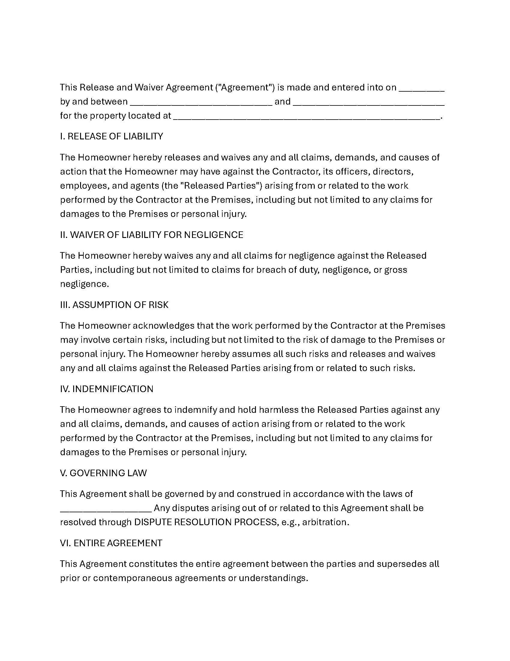 Release and Waiver Agreement Form
