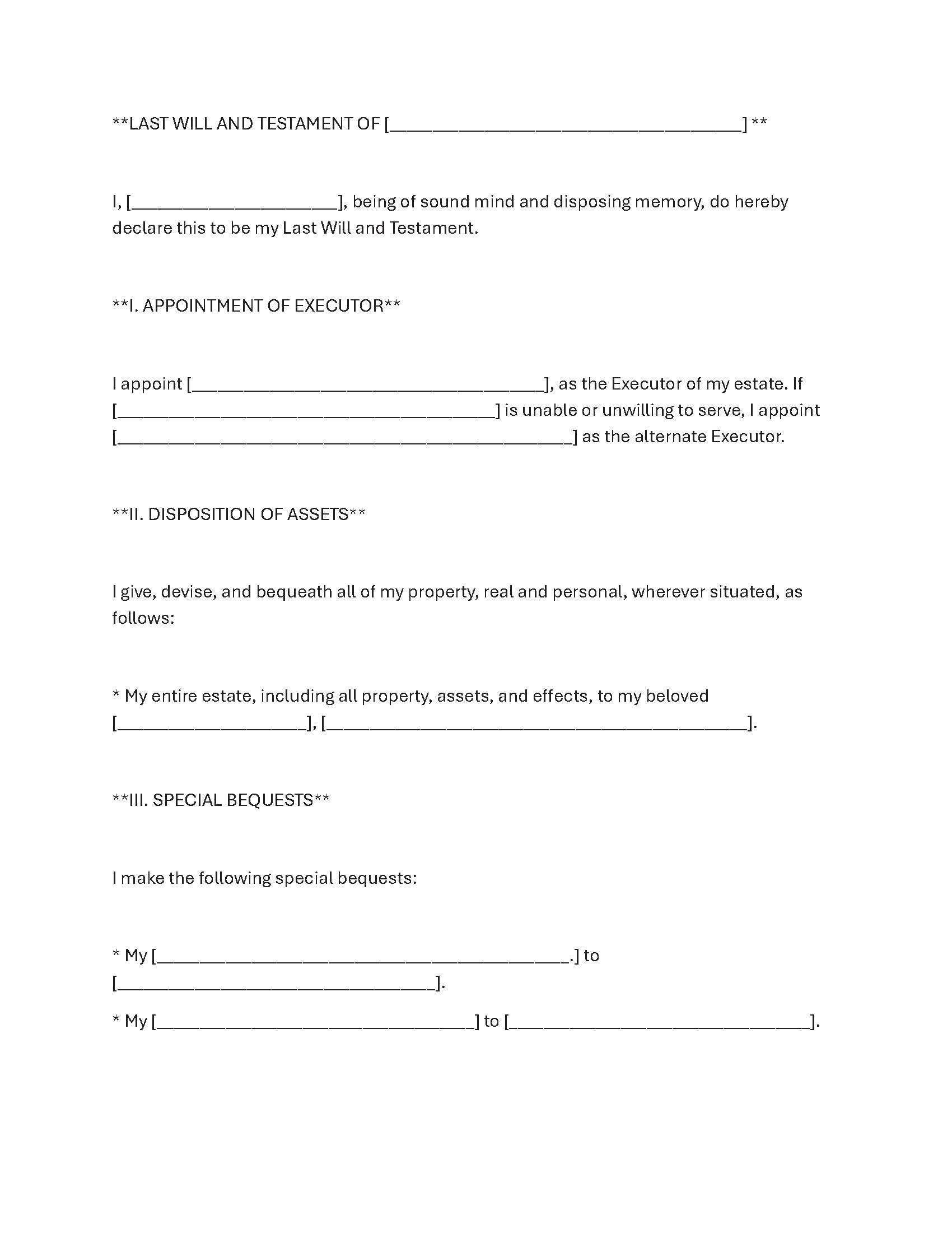 Last will and Testament Single person no children