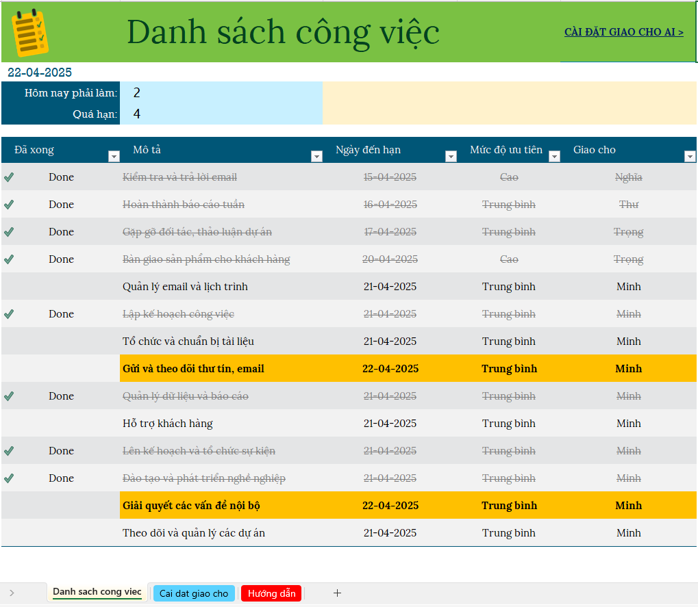 🔴 Mẫu template excel quản lý công việc cần làm