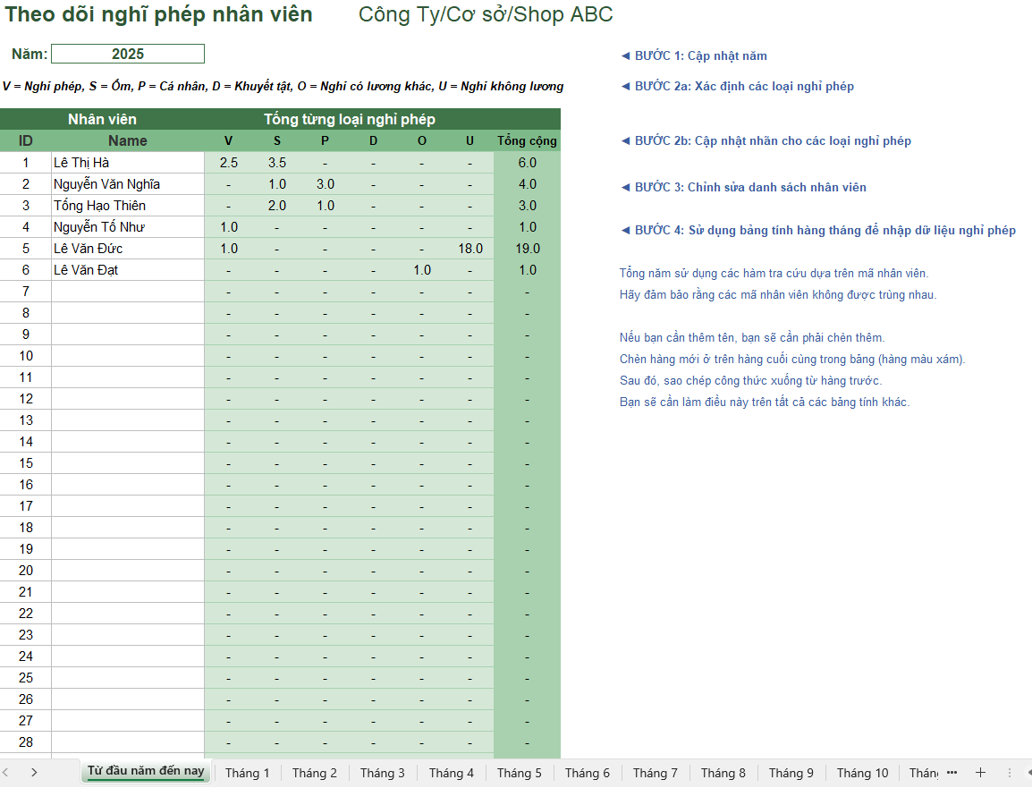 🔴 Mẫu template excel theo dõi nghỉ phép nhân viên