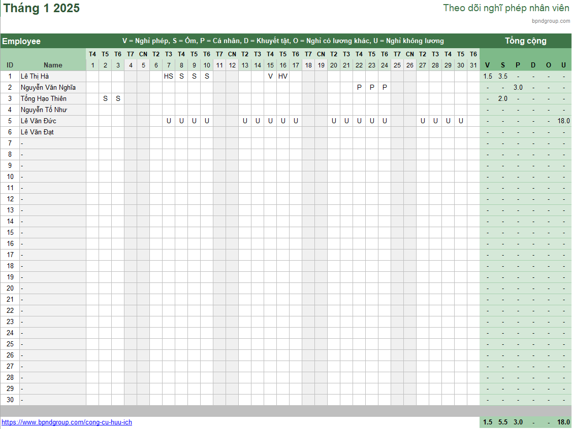 🔴 Mẫu template excel theo dõi nghỉ phép nhân viên
