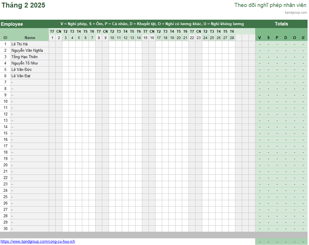 🔴 Mẫu template excel theo dõi nghỉ phép nhân viên