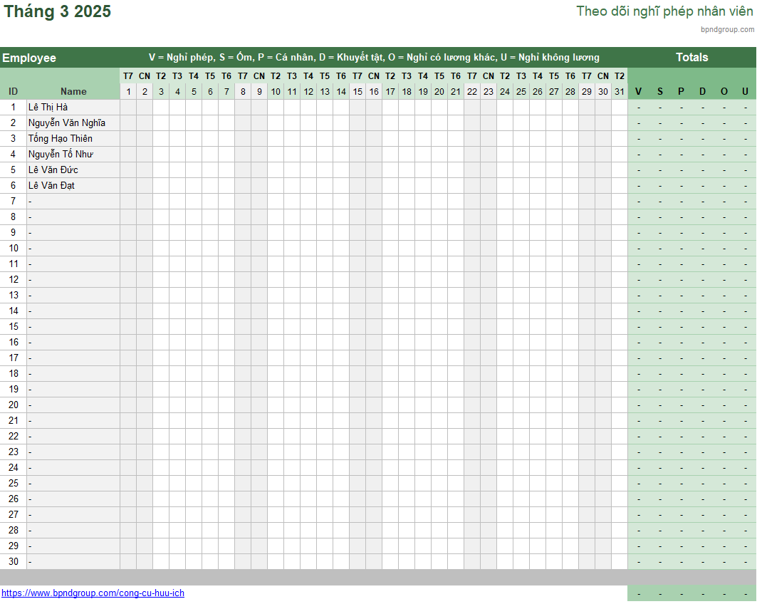 🔴 Mẫu template excel theo dõi nghỉ phép nhân viên