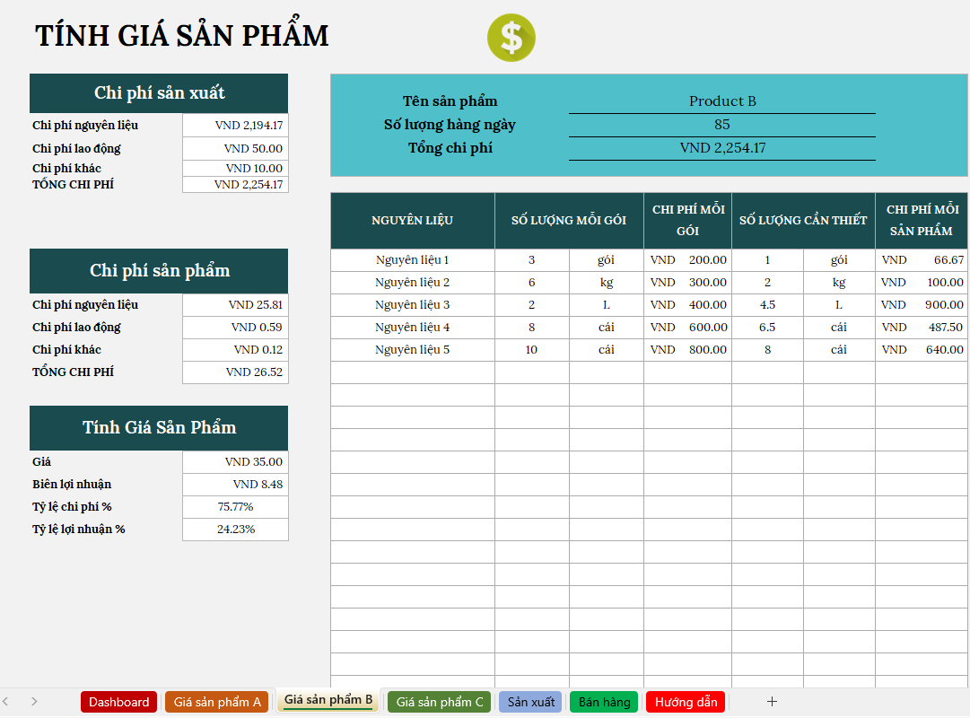 🔴 Mẫu template Quản lý sản phẩm - Sản xuất - Bán Hàng