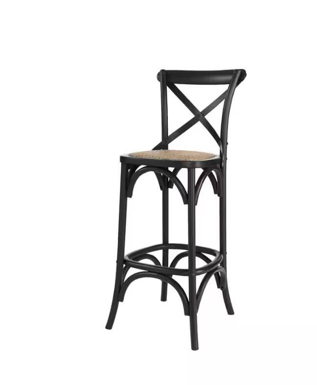 Home Decorators Collection Mavery Black Cross Back Wood Bar Stool with Woven Rattan Seat