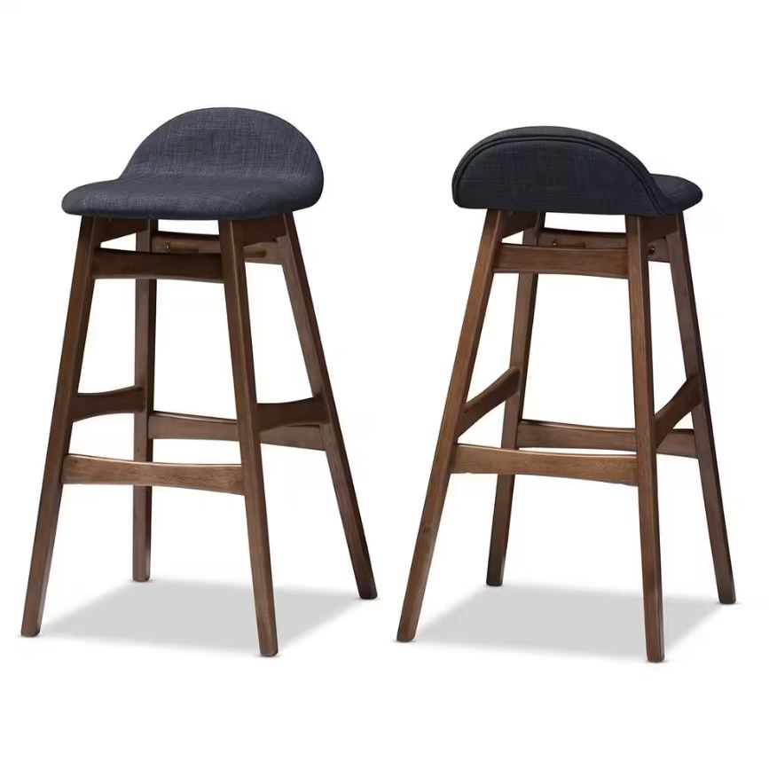 Baxton Studio Bloom Dark Blue Fabric Upholstered 2-Piece Bar Stool Set