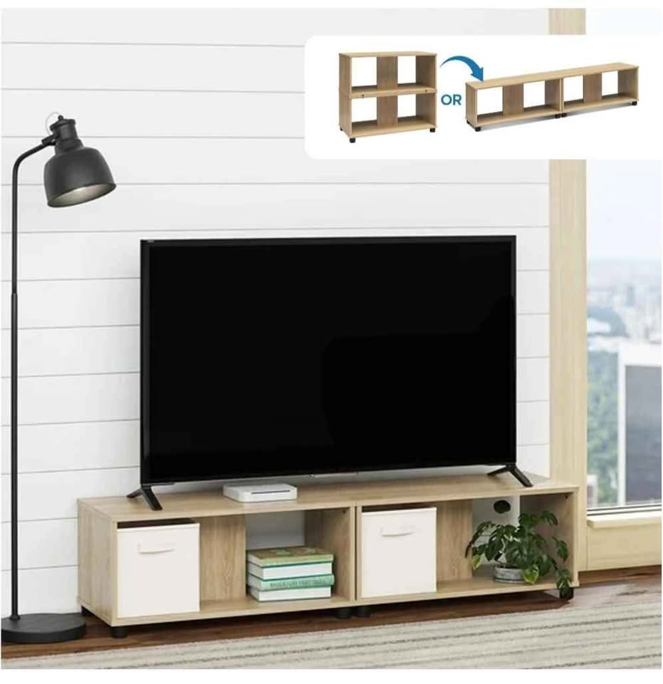  Expandable Side by Side or Stacking TV Stand for TVs up to 70 inches, Natural