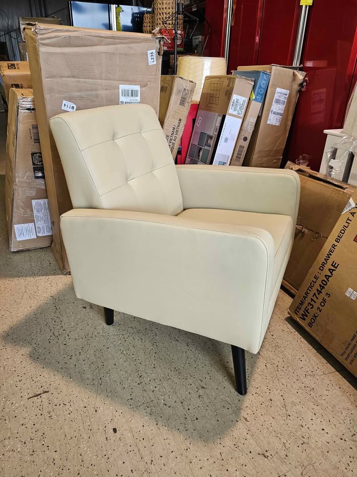 Alden Design Mid Century Faux Leather Tufted Accent Chair for Living Room, Beige
