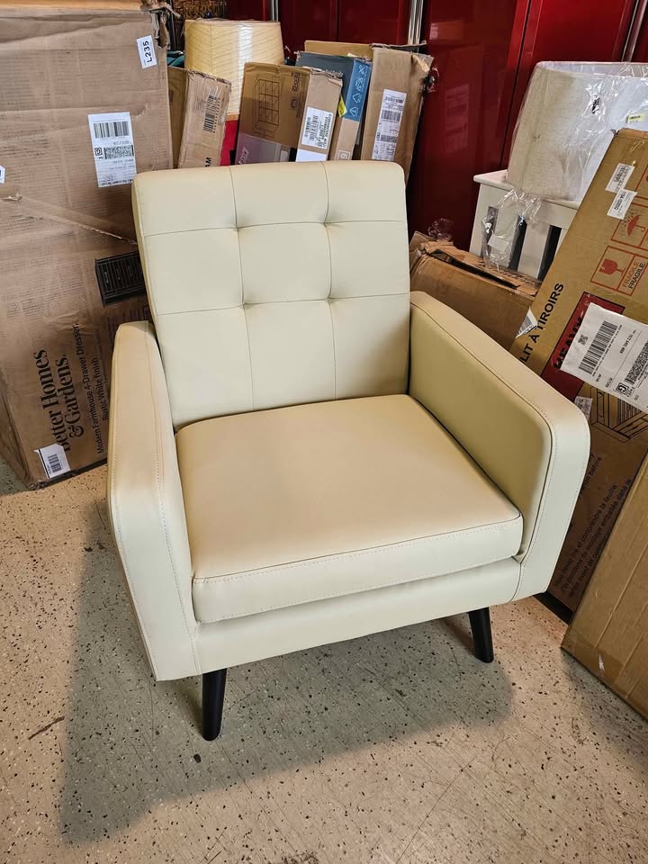 Alden Design Mid Century Faux Leather Tufted Accent Chair for Living Room, Beige
