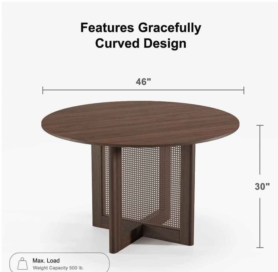 Cinna 46" Soild Wood Dining Table Rattan Round Kitchen Table, Walnut