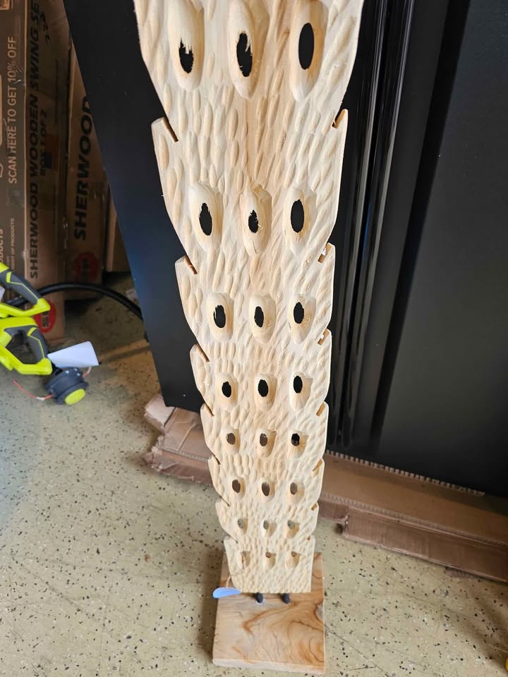 Brown Teak Wood Handmade Tall Floor Cutout Post Abstract Sculpture with Live Edge Base
