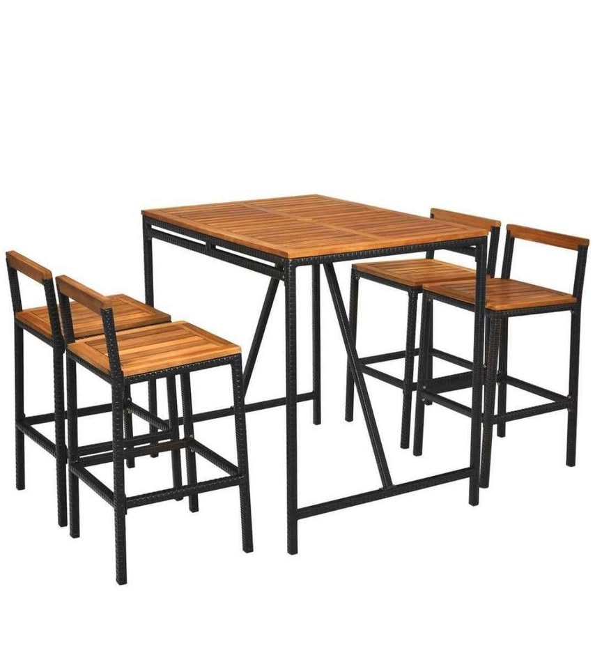  5-Pieces Patio Rattan Acacia Wood Top Outdoor Bar Stool Set with Umbrella Hole