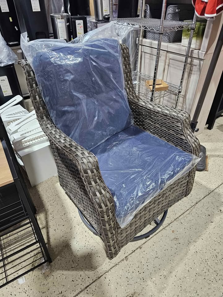 Wicker Outdoor Rocking Chair Patio Swivel with Blue Cushions