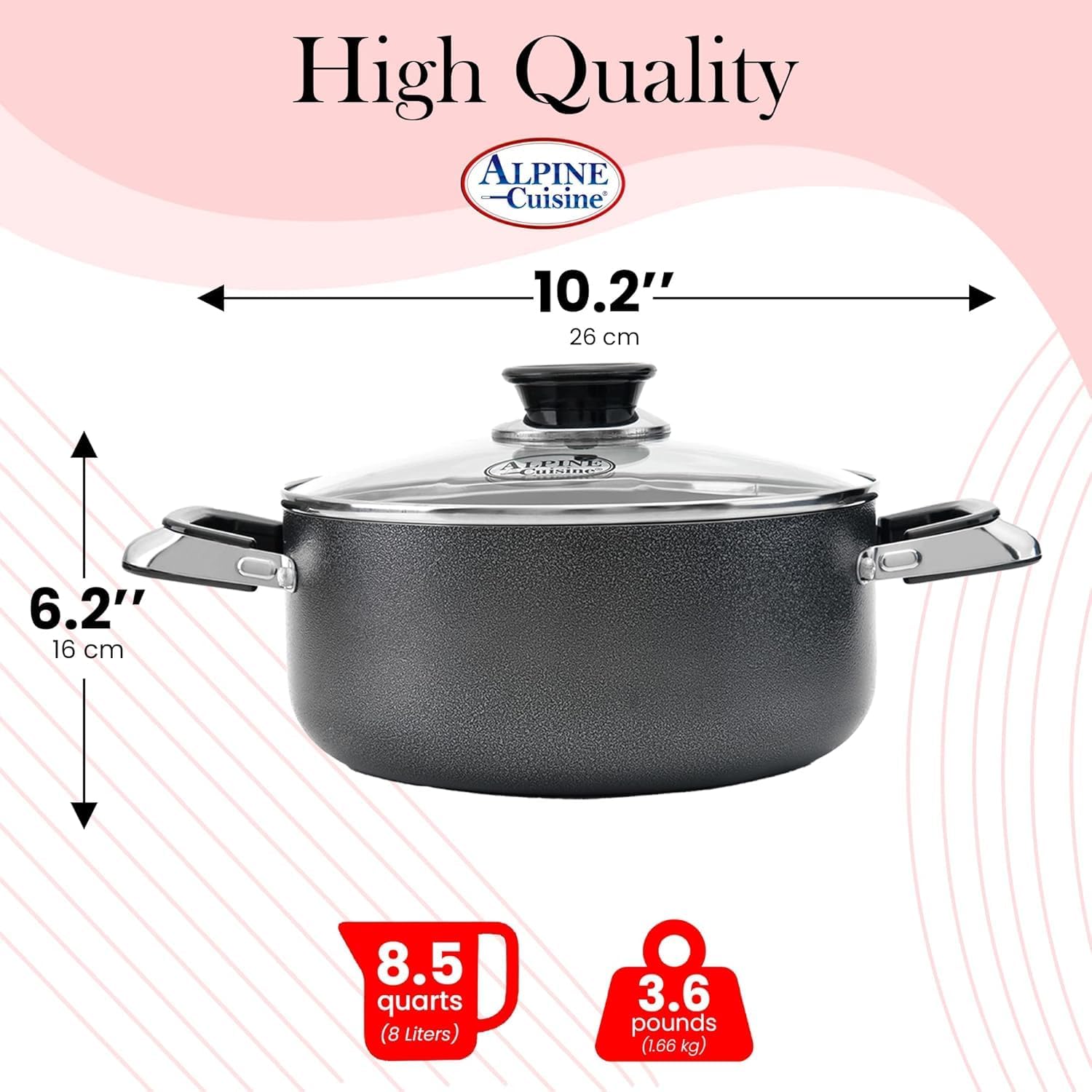 Alpine Cuisine 8.5 Quart Non-stick Stock Pot with Tempered Glass Lid, Aluminum Dutch Oven 