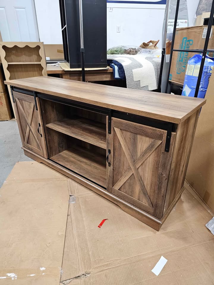  Walker Edison Modern Farmhouse Barn Door TV Stand for TVs up to 65", Reclaimed Barnwood