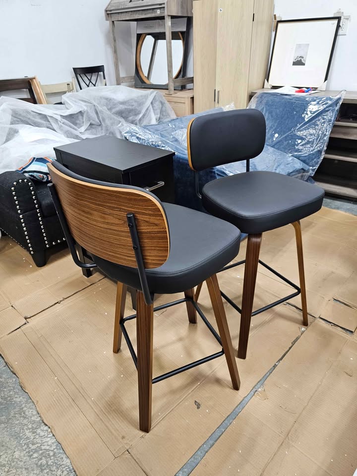  (Set of 2) Counter & Bar Height Swivel Stools, Leather Black color