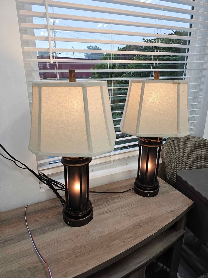 (Set of 2) Belvoir Castle Table Lamps with Night Light & USB, Bronze Metal+Glass, White Lampshade