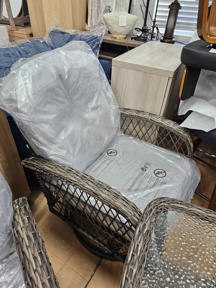  3-Piece Wicker Outdoor Bistro Set with Gray Cushions