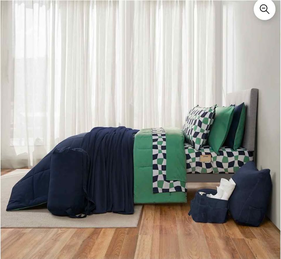 17pc College Dorm Essentials Bundle, Full, Reversible Bed in a Bag Comforter Set, Navy