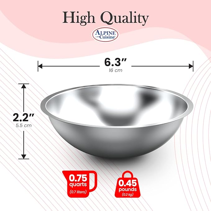 Alpine Cuisine 0.75Qt Stainless Steel Kitchen Mirror Prep Bowls for Cooking & Serving