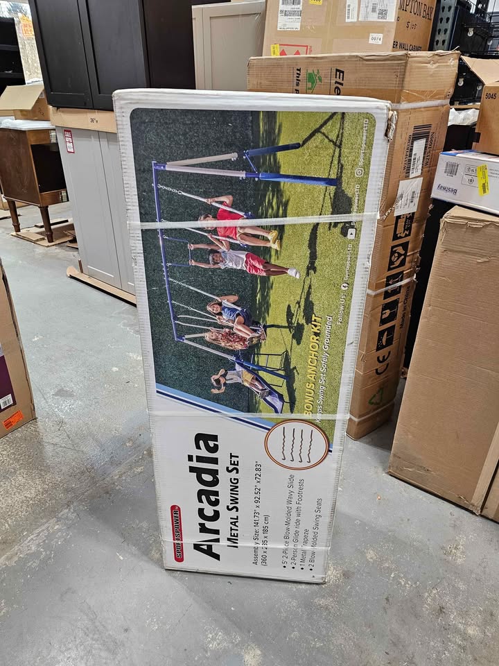 Sportspower Arcadia Metal Swing Set with Trapeze, 2 Person Glider Swing, 5' Double Wall Slide 3-8