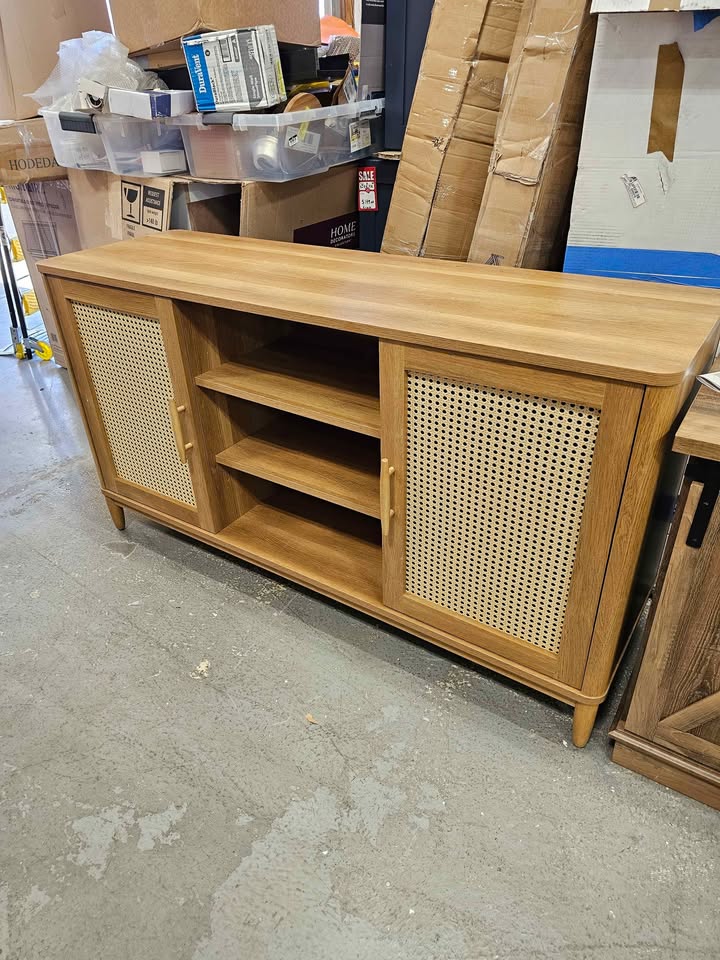  Better Homes & Gardens Springwood Cane TV Stand for TV's up to 65", Light Honey Finish