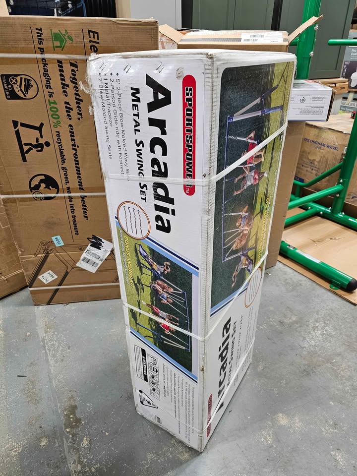 Sportspower Arcadia Metal Swing Set with Trapeze, 2 Person Glider Swing, 5' Double Wall Slide 3-8