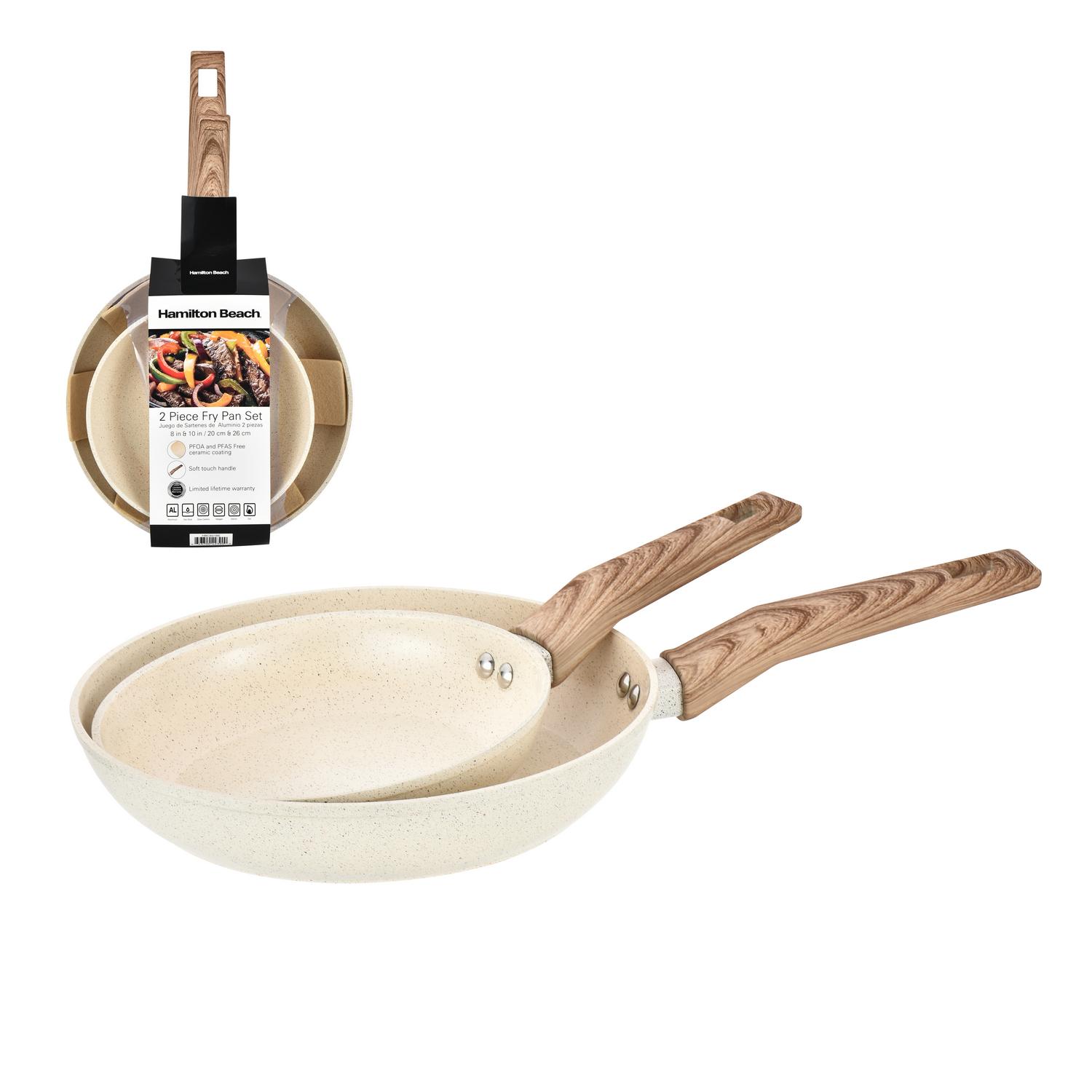 Hamilton Beach Set of 2pc Aluminum 8" & 10" Forged Fry Pan Beige Marble Ceramic